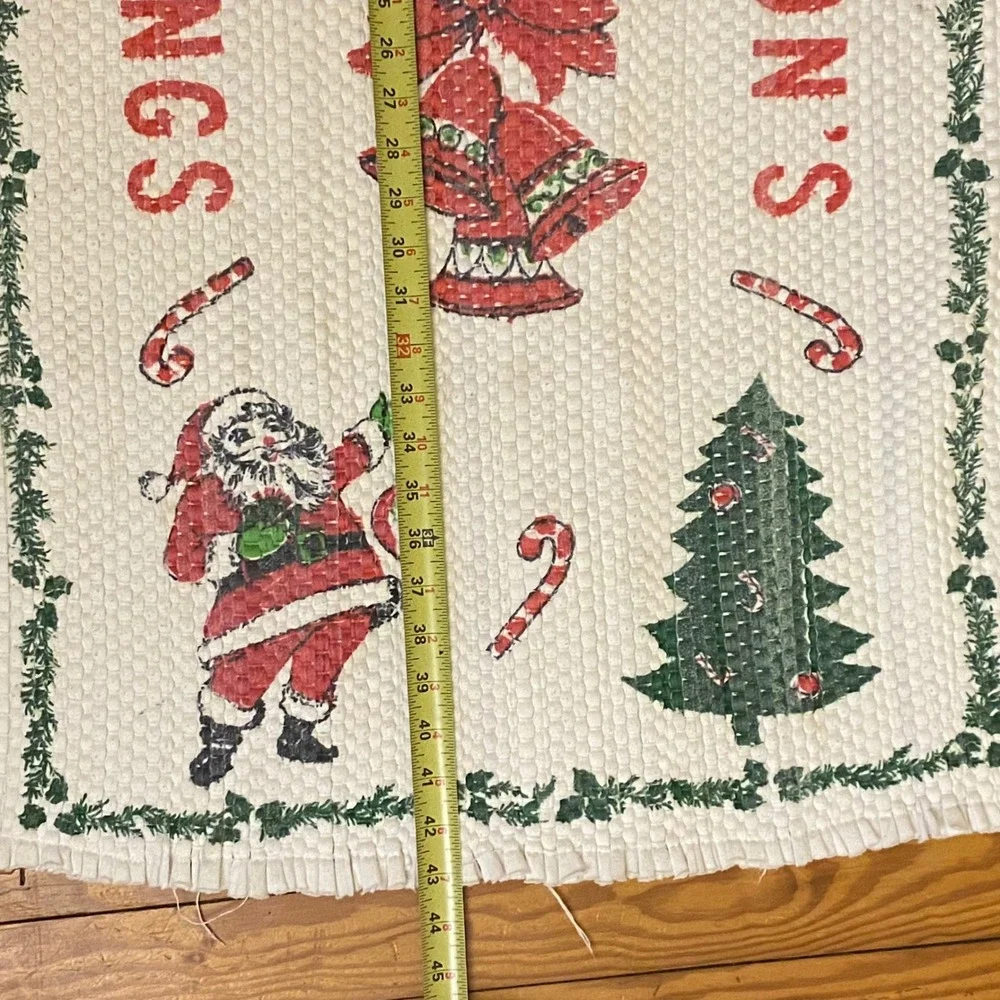 Vintage Christmas Seasons Greetings Santa Tree Bells Woven Rag Rug Holiday Decor